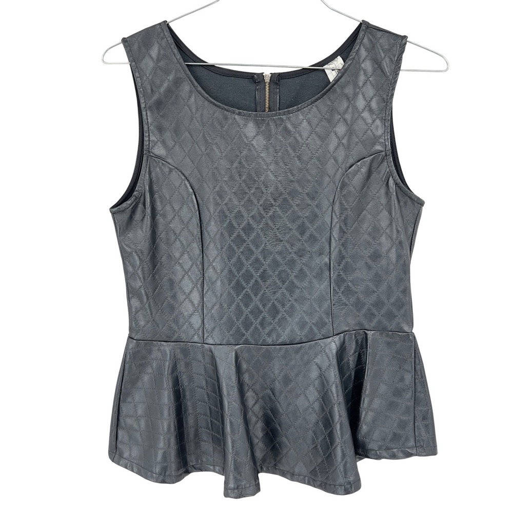 Topia Womens L Peplum Top Black Faux Leather Quilted Sleeveless Romantic Goth